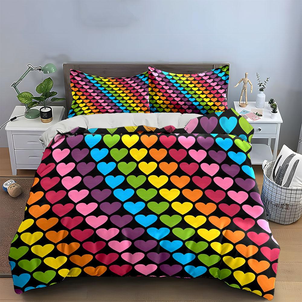 Colorful Heart Pattern Decor Set Soft Comfortable Duvet Cover Bedding Set Included 1*Duvet Cover & 2*Pillowcases, Gift