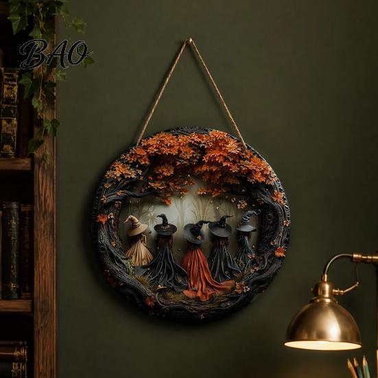 Retro Mysterious Forest Sign Halloween Witch Hanging Sign, 8" Round Wooden Door Autumn Witches Rustic Holiday for Home Front Porch Decoration Harvest