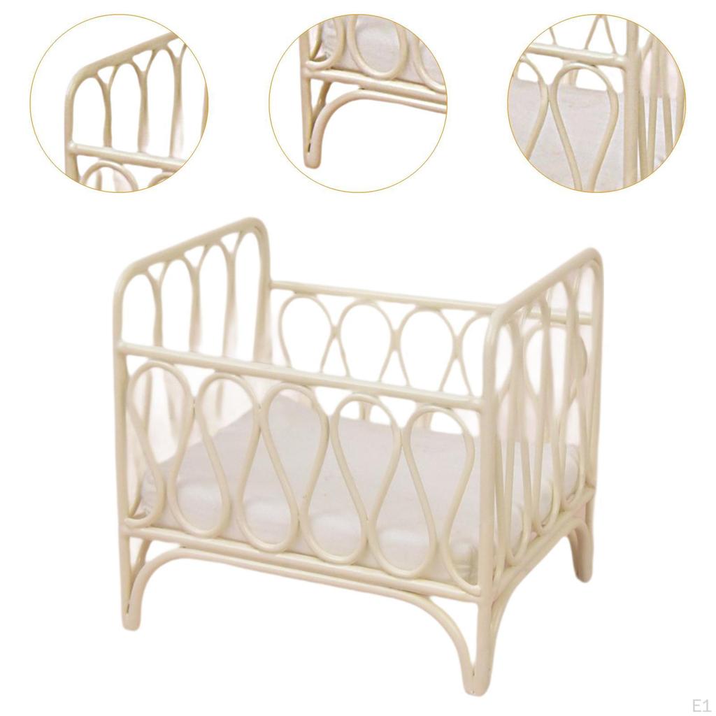 1:12 Miniature Crib Baby Doll Cradle Bed, Dollhouse Furniture with Mattress, Scenery