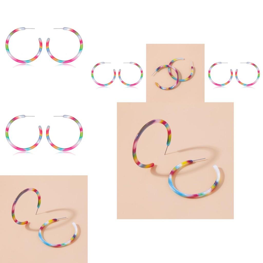 European American C-shaped Rainbow Acrylic Earrings Vibrant Alloy Jewelry