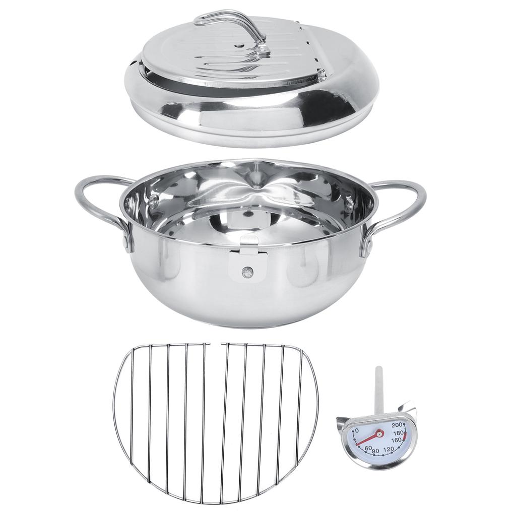 Fryer Pot Stainless Steel With Thermometer Oil Drip Drainer Rack Multifunctional Detachable Lid