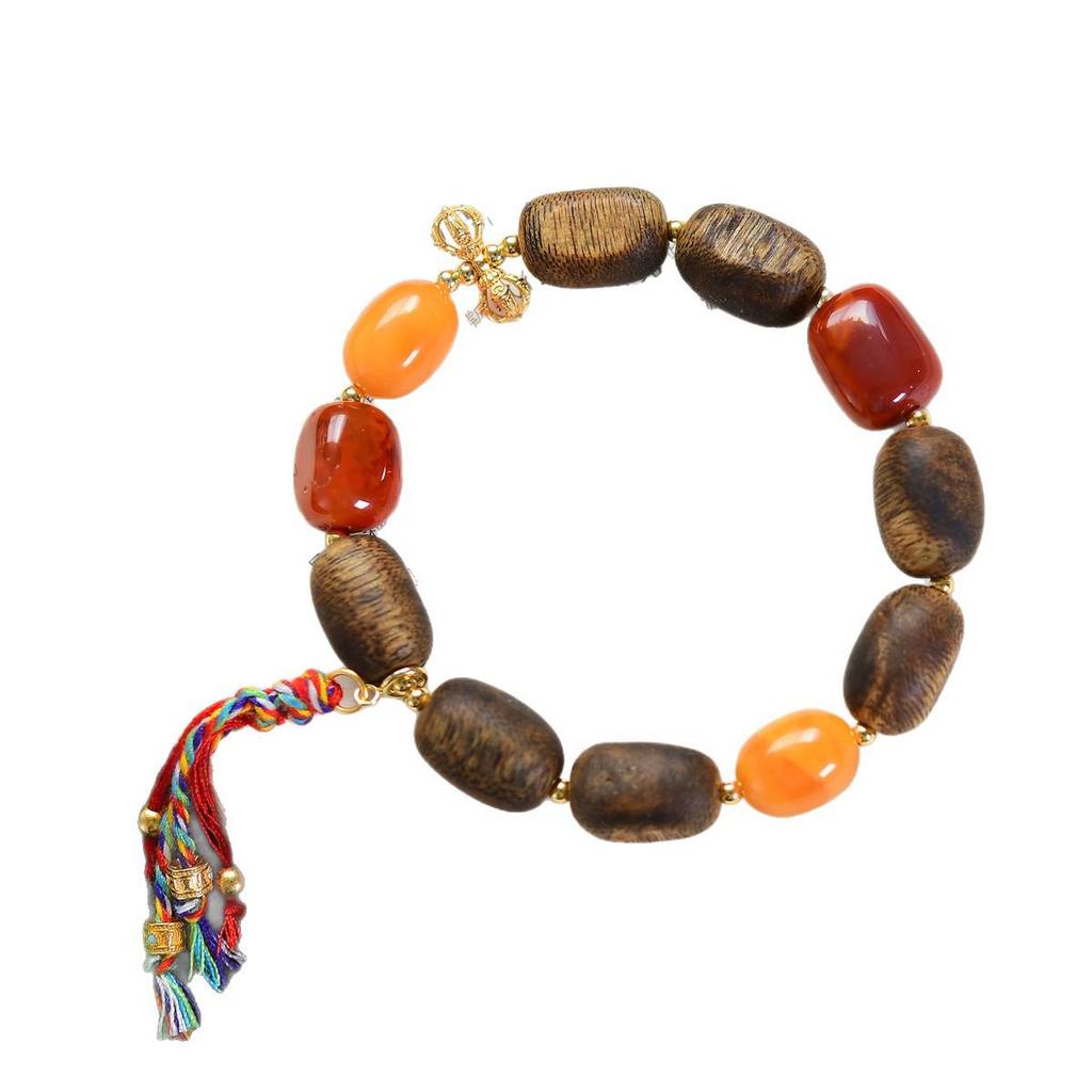 Natural Agarwood, Qinan, Nanhong Agate, Amber, and 925 Silver Vajra Bracelet (No Oil Injection)