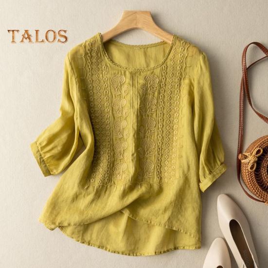 Dameskjorte med rund hals og halve ermer Broderi Blomstermønster Topper Ensfarget Tynn retro bluse Daglig slitasje