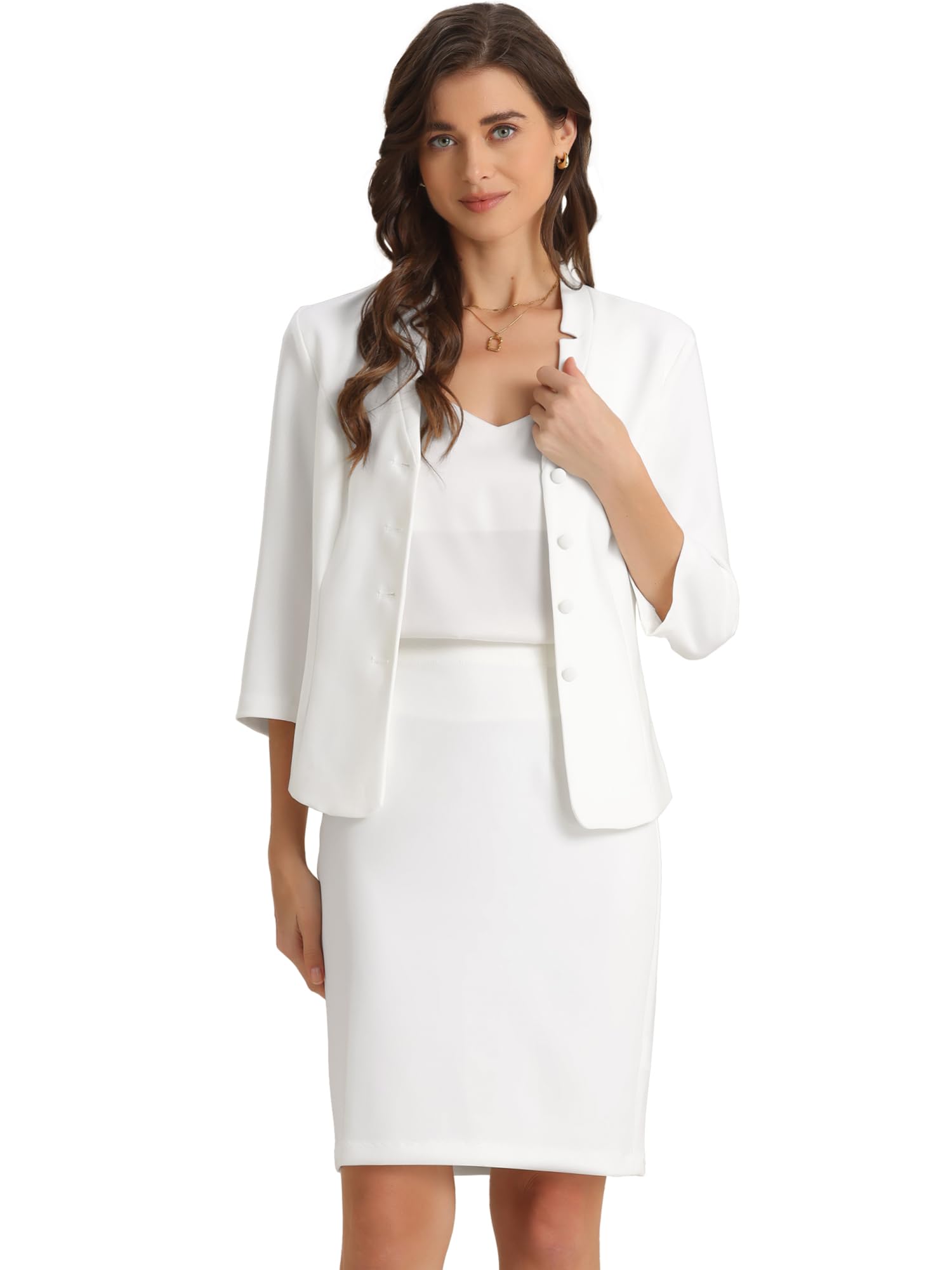 

Женский деловой костюм-двойка Allegra K, блейзер с лацканами и юбка-карандаш, белый, размер XS
