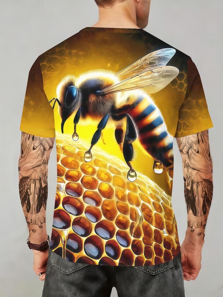 Men's Full-Body Bee Print T-Shirt - Breathable Short Sleeve Round Neck Casual Top with 3D Bee Design, Machine Washable Suitable for Summer, & Casual