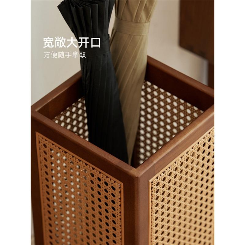 Chinese Style Solid Wood Rattan Umbrella Stand Freestanding Entryway Umbrella Storage Bucket