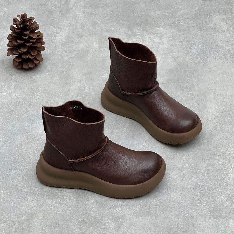 Women's Shoes: Thick-soled Anti-slip Women's Boots, Soft Leather Round-toe Casual Boots