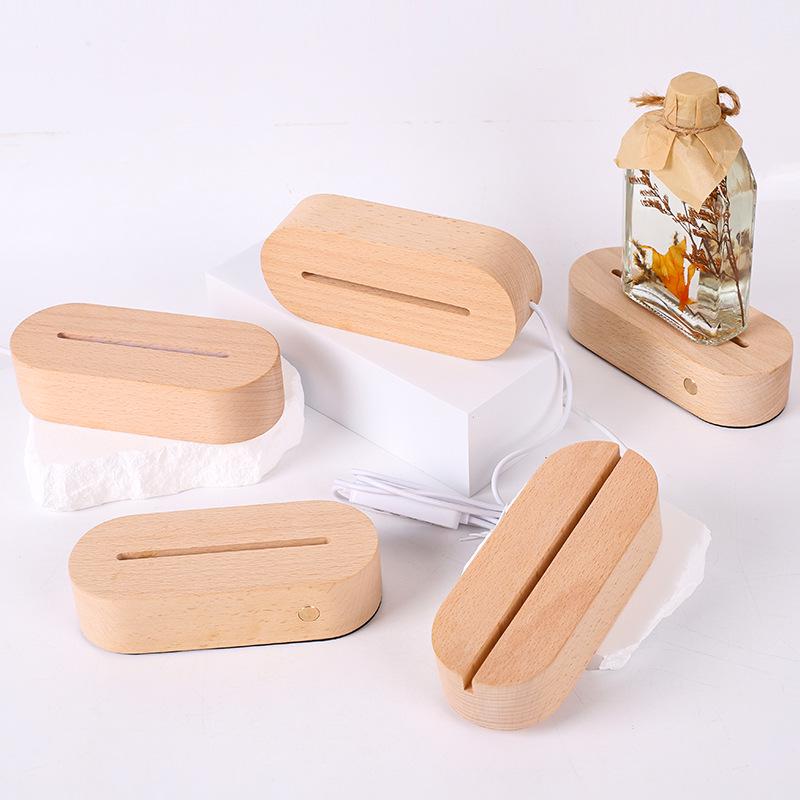 Oval Touch-Control LED Night Lamp with USB, Beech Wood Base