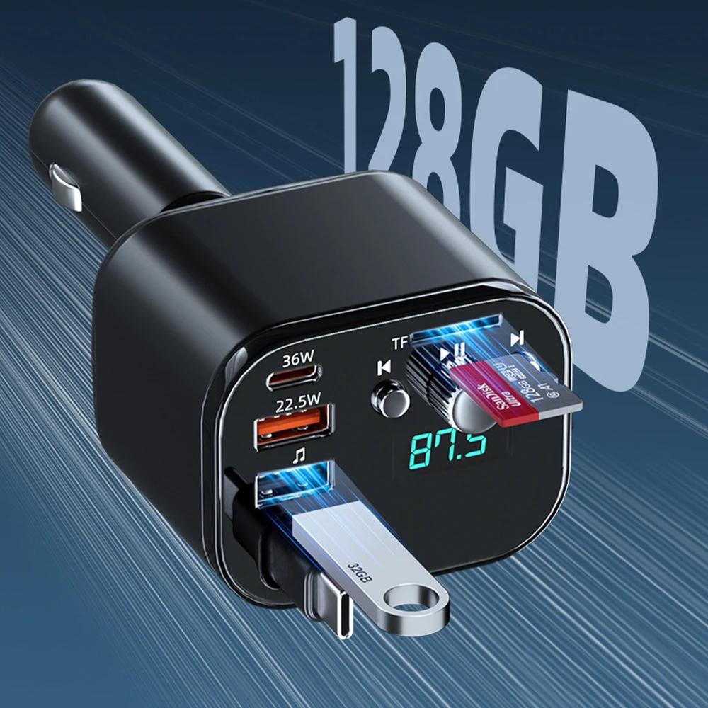 Car Bluetooth 5.0 FM Transmitter PD TypeC with Retractable Cable Fast Charger Handsfree Car Kit Mp3 Player Car Cigarette Lighter