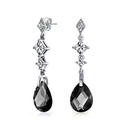 Black Briolette Faceted Teardrop Pear Shape Cubic Zirconia CZ Chandelier Earrings for Women Sterling Silver