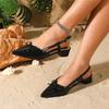 Sandálias Femininas Slingback Bico Fino com Laço Salto Bloco Baixo Tiras no Tornozelo