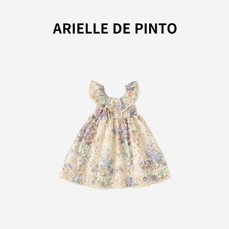 French Arielle De Pinto Girls  Skirt Summer French Floral Print Sleeveless Dress Apricot + Purple((Lined)) 80