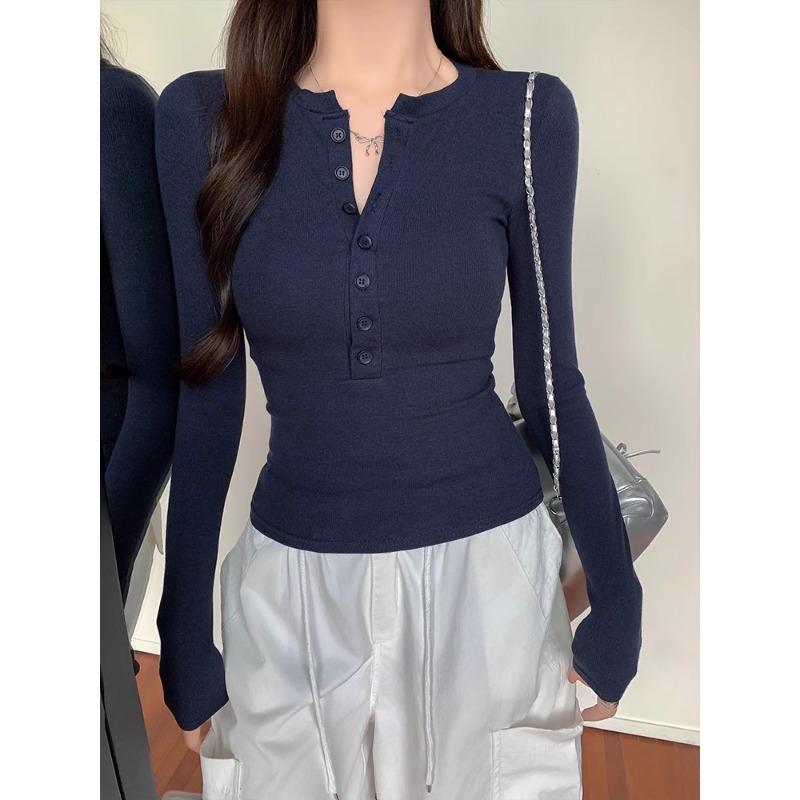 Women Slim Fitted Long Sleeve Button Front Solid Casual Inner T Shirt