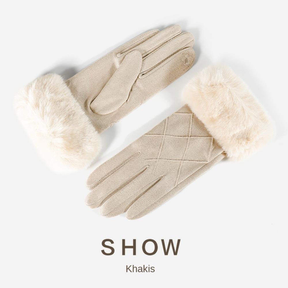 Suede Gloves Plaid Women Cycling Mittens Sweet Winter Fleece-lined Gloves Driving