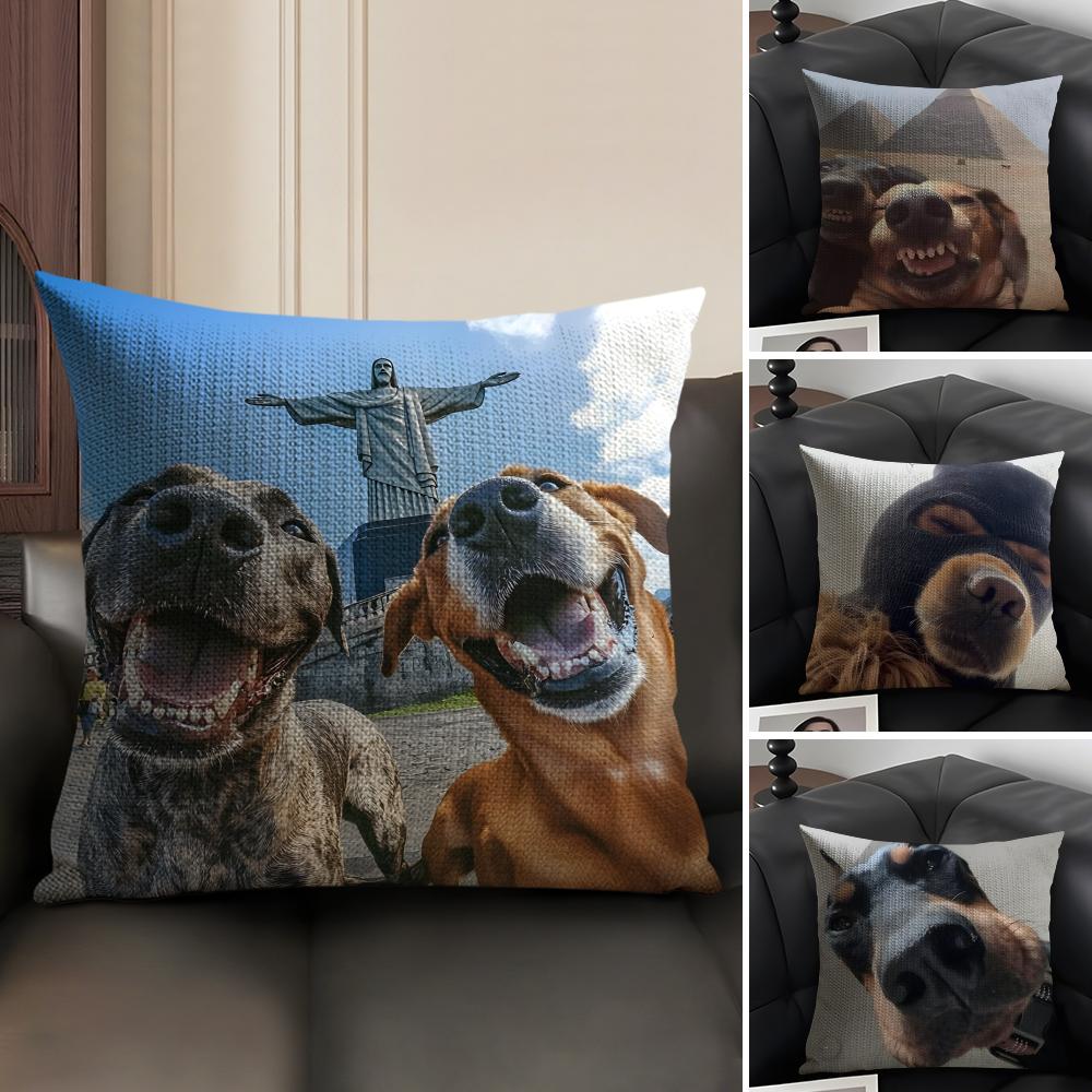 Funny Dog Cushion Cover Natural Linen Organic Fabric DoubleSided Printing Sofa Home Decor Gift Pillow Case