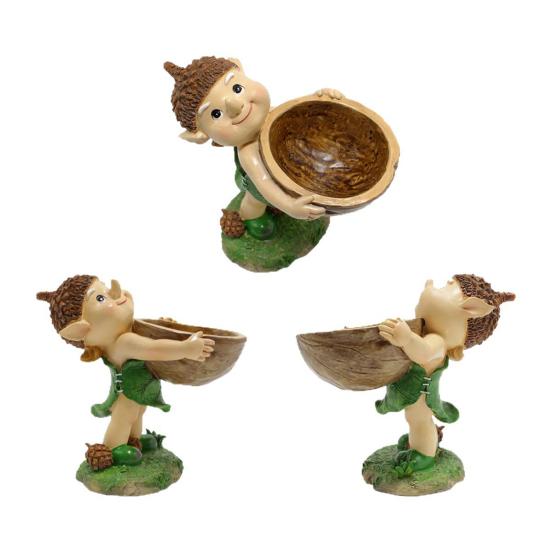 Forest Elf Bird Feeder Resin Elf Figurine with Walnut Bowl Wild Bird Feeding Bowl Garden Statue for Courtyard Outdoor Decor
