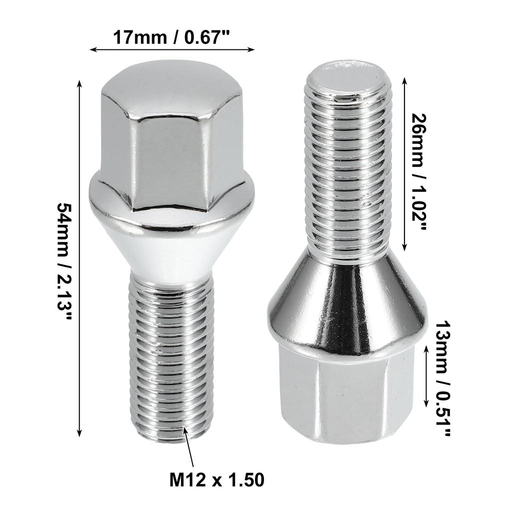 UXCELL Wheel Bolts, 60° Tapered Seat, 17mm Shank, Lug Nuts, Chrome, Wheel Stud Set, M12x1.5, 26mm, 8 Pieces