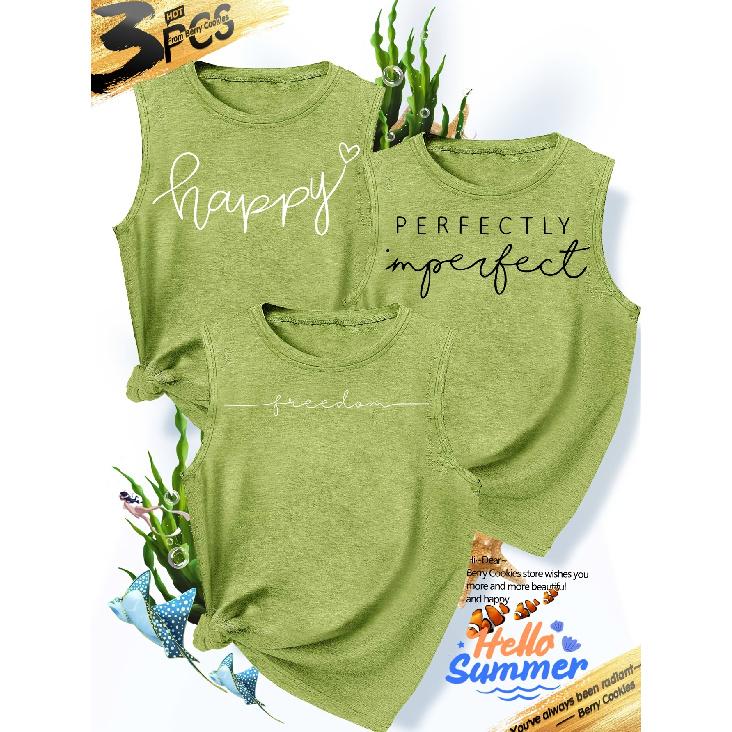 2026New Women's vest3Pieces Happy Freedom Perfectly Imperfect Text-printed Simple, Stylish, Casual, Versatile, Comfortable, Soft, Skin-friendly