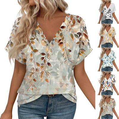 Women's Short Sleeve Shirts V Neck Print Tops Casual Tops Basic Tees Blouse Loose Tops