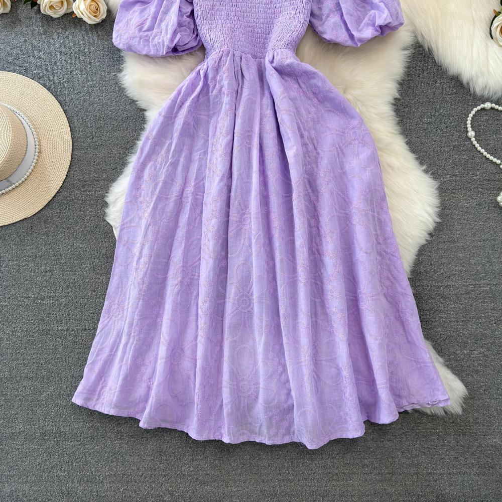 Fashion Dress for Women Square Collar Puff Sleeve A-line Floral Texture Vestido Womens Solid Color Folds Dresses Summer Dropship