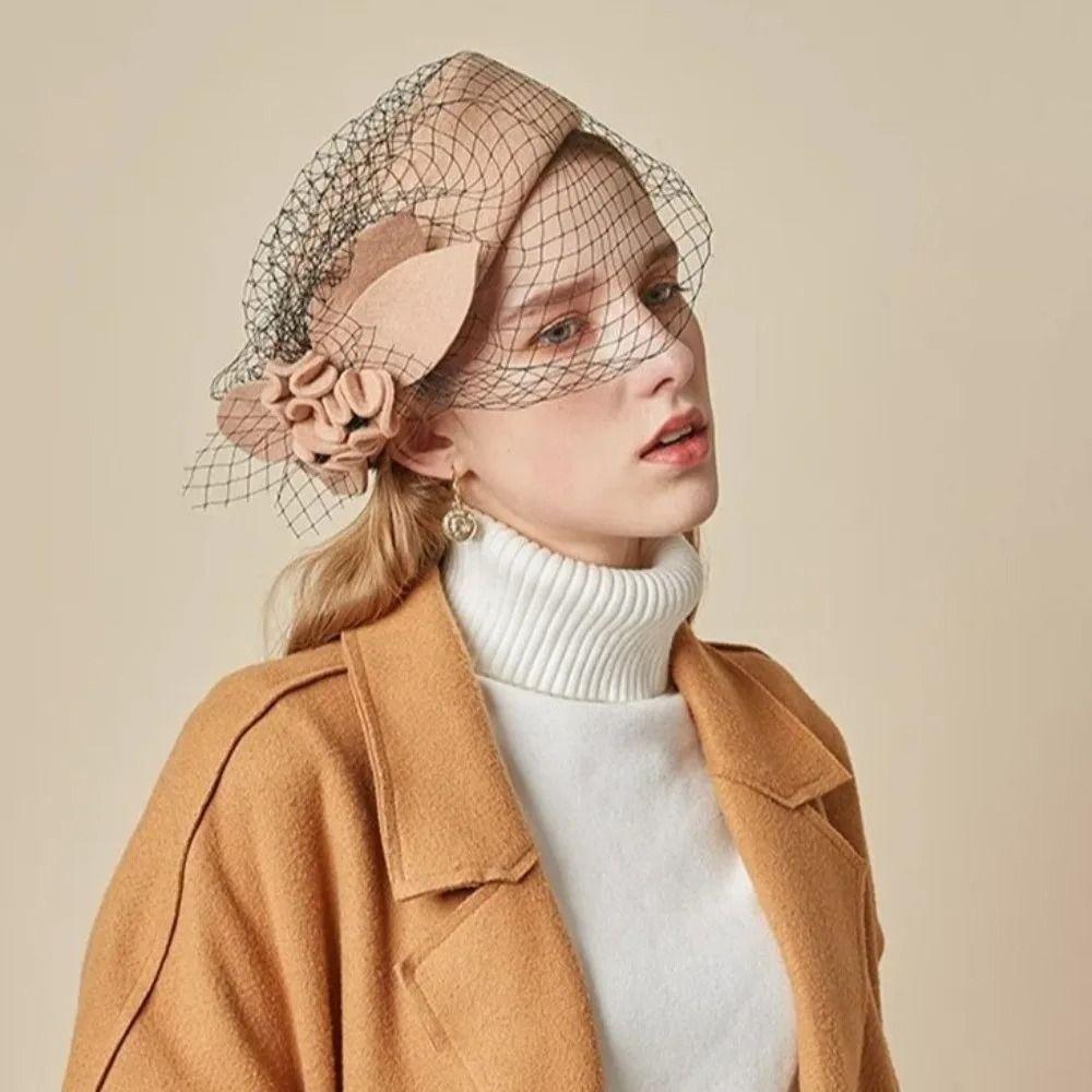 Flower Mesh Topper Hat Solid Color Woolen Beret Woolen Top Hat Formal Hat Performances