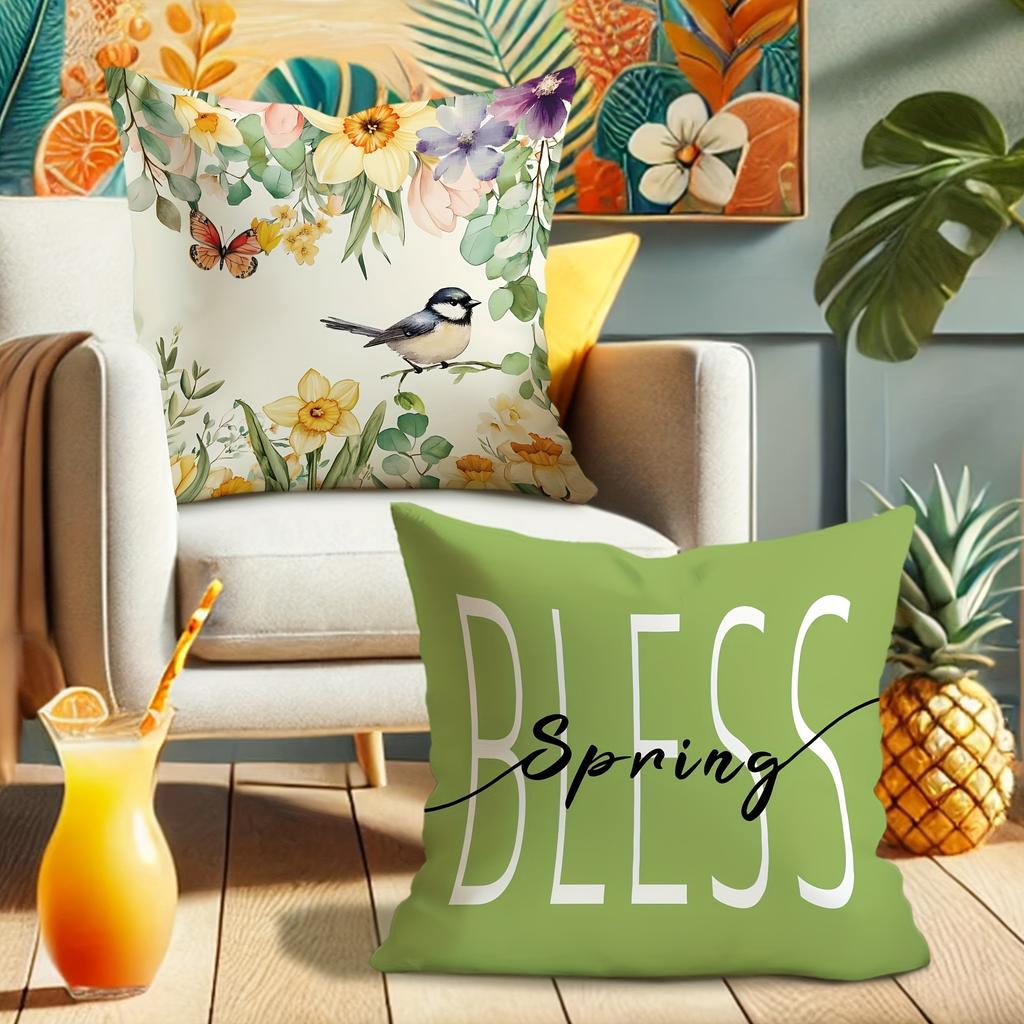 Spring Theme Pillow Cover Fresh and Warm Wind Green Bird Floral Print Pillowcase Sofa Chair Cushion Suite Decoration