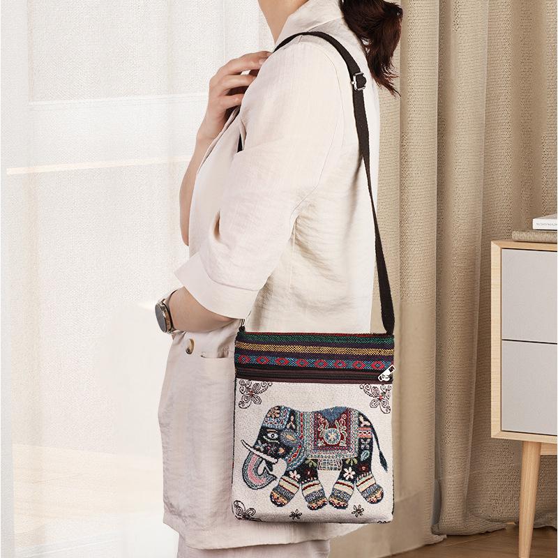 Ethnic Elephant & Butterfly Embroidered Crossbody Bag - Women's Cultural Canvas Shoulder Accessory