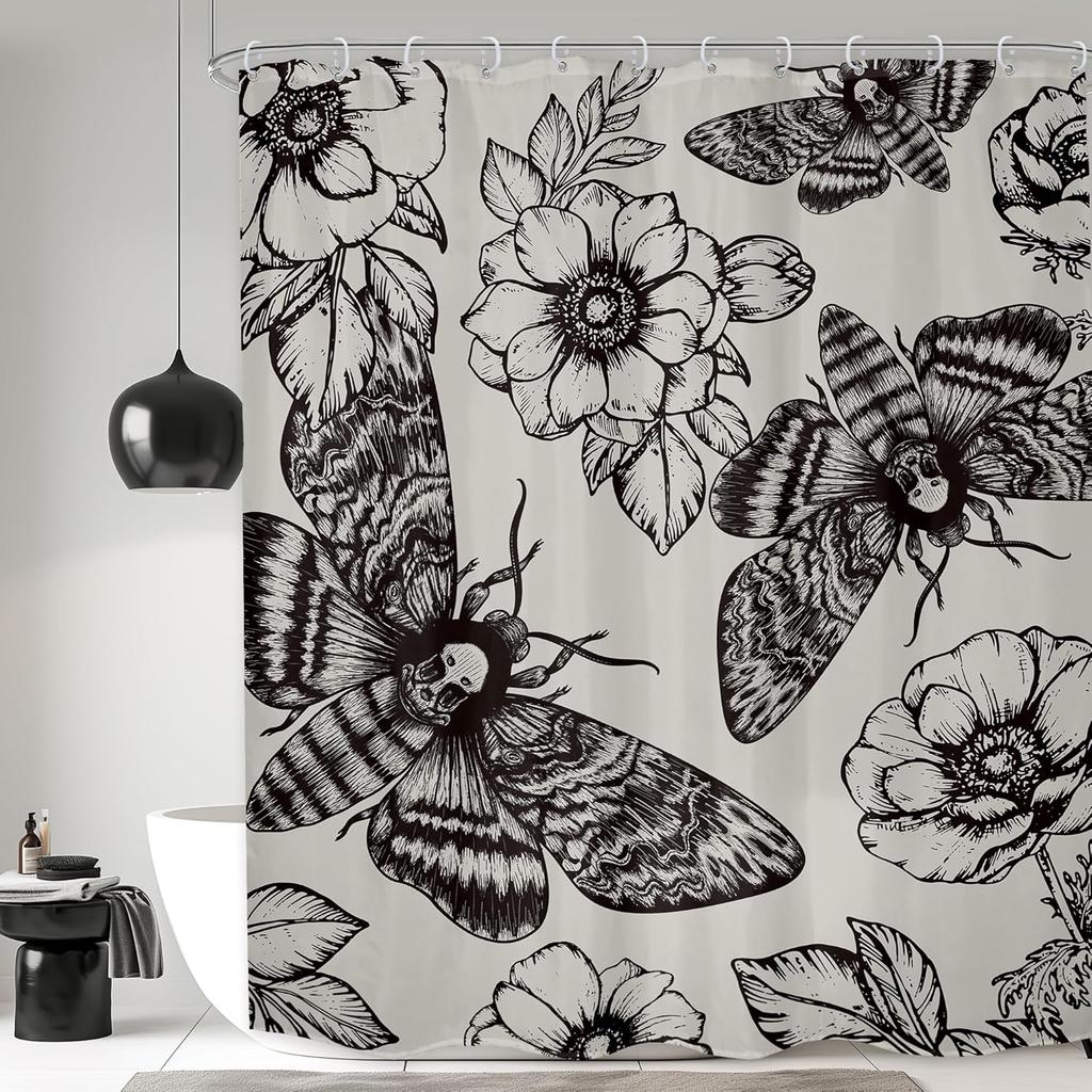 Gothic Skull Shower Curtain Bathroom Set Halloween Death Head Moth Pink Flower Leaves Spider Scary Witchy Bath Accessories