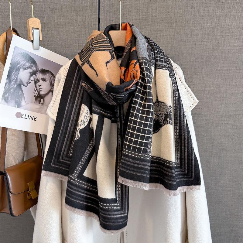 Autumn and Winter Warm Imitation Cashmere Scarf Women's Versatile Thickened Warm Scarf Women's Horse Printed Large Shawl