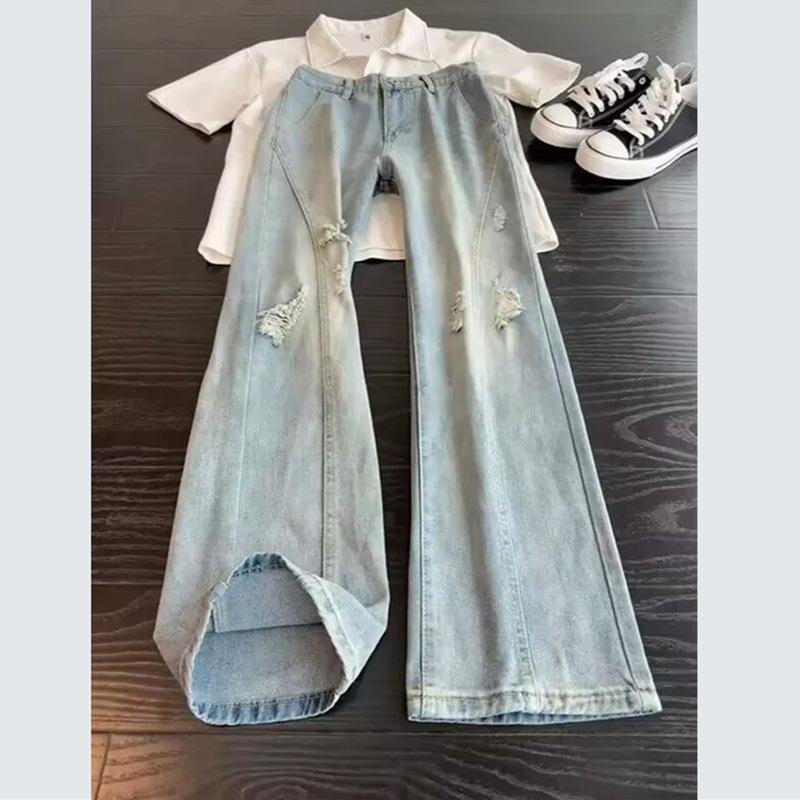 American graffiti wide-leg jeans men's spring trendy brand loose-washed ripped casual pants high street ruffian handsome straight-leg pants