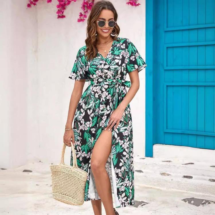 Women Summer High Waist A Line Dress Ethnic Printed Short Sleeve Lace Up