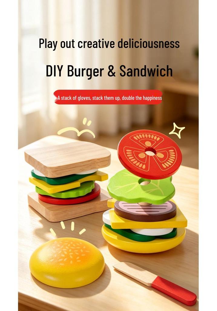 Wooden Play Food Set: Hamburger, Fries, Sandwich, and Kitchen Utensils for Kids