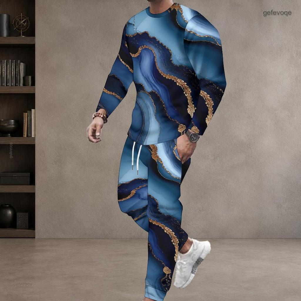 Men Plus Size Blue Printed Round Neck Long Sleeve Two Piece Cuffed Pants Set