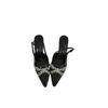 Women's Shoes SpringNew Pointed Toe Thin Heel High Heel Elegant French Style Fashion Sexy Bow Rhinestone Closed ToeBack Strap