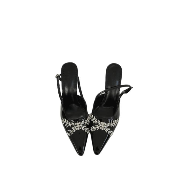 Women's Shoes SpringNew Pointed Toe Thin Heel High Heel Elegant French Style Fashion Sexy Bow Rhinestone Closed ToeBack Strap