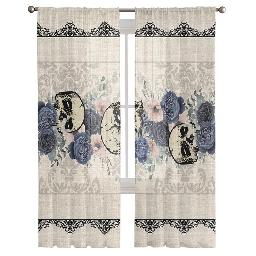 Halloween Flower Skull Bedroom Transparent Sheer Curtains Holiday Decoration Window Voile Tulle Curtain