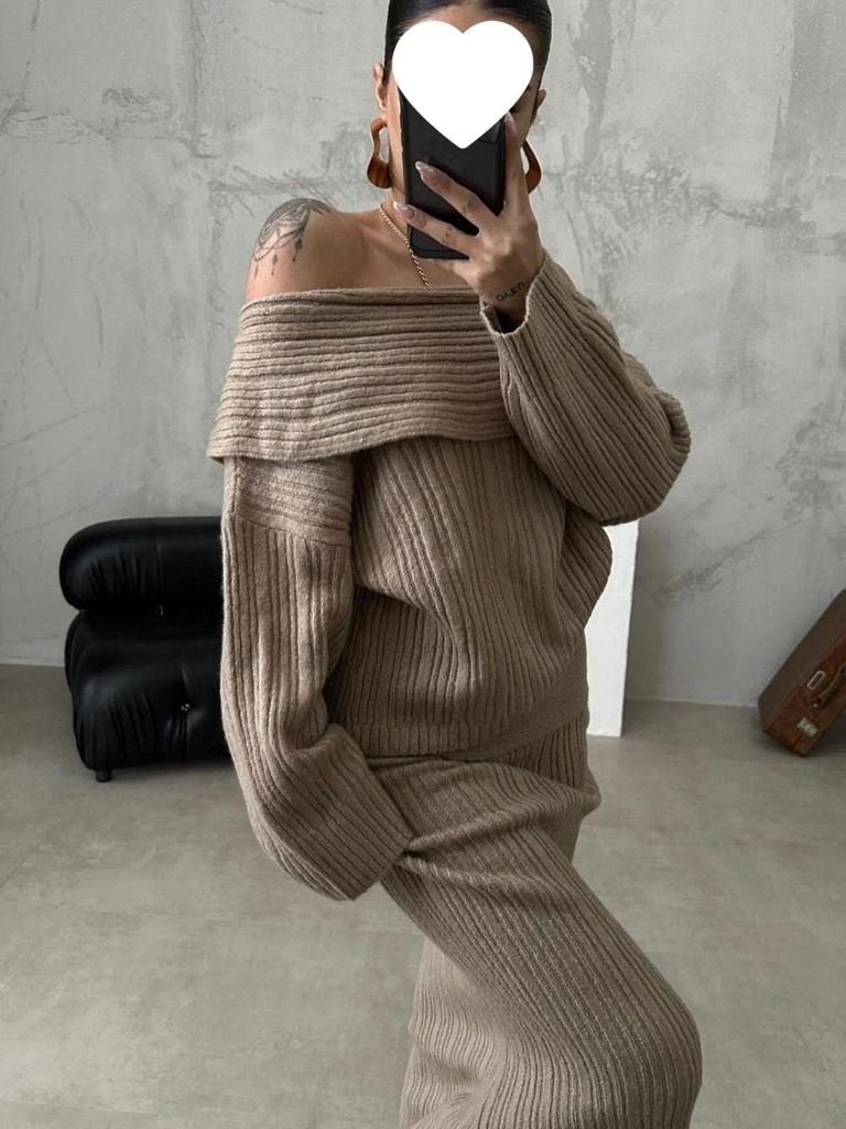 2024 European & American Style Off-the-Shoulder Knitted Sweater Two-Piece Set with Long Sleeves