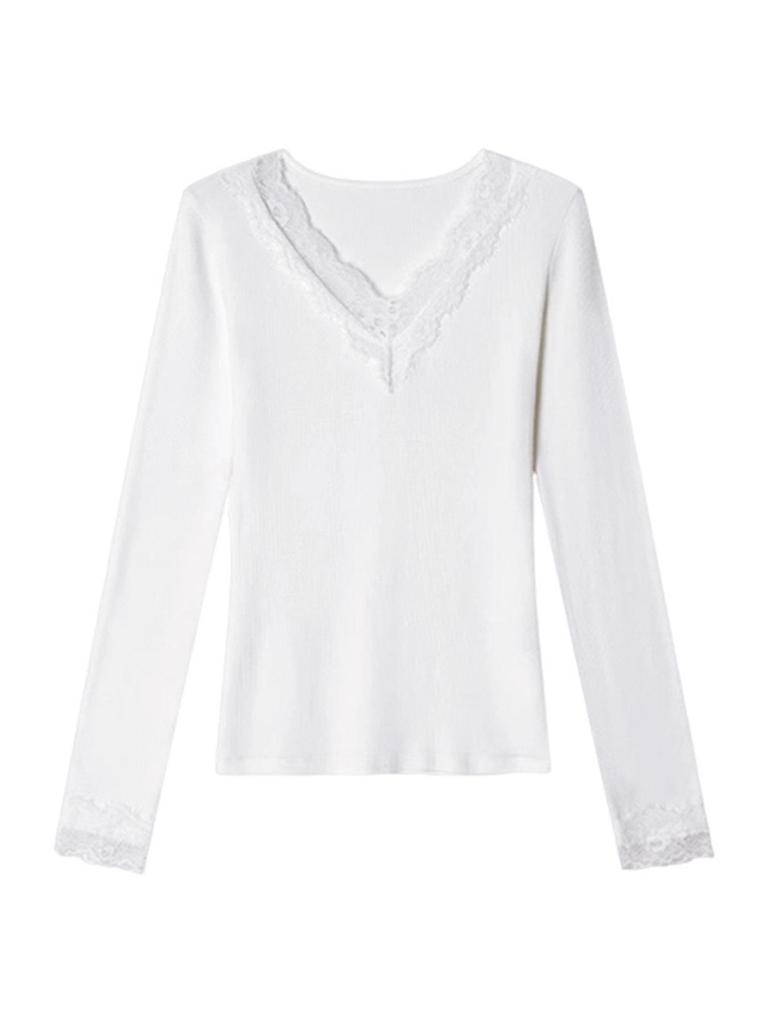 Women's Pure Desire Lace Patchwork V-Neck Slim Fit Long Sleeve Top for Autumn/Winter