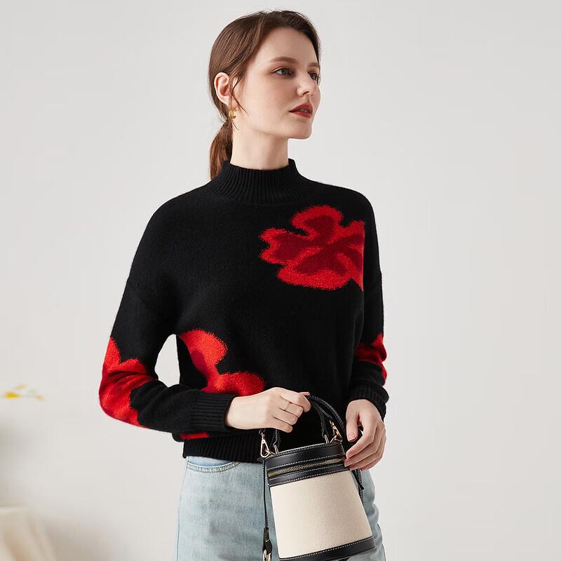 Zhao Jun Women's Floral Pattern Mock Neck Pure Cashmere Sweater