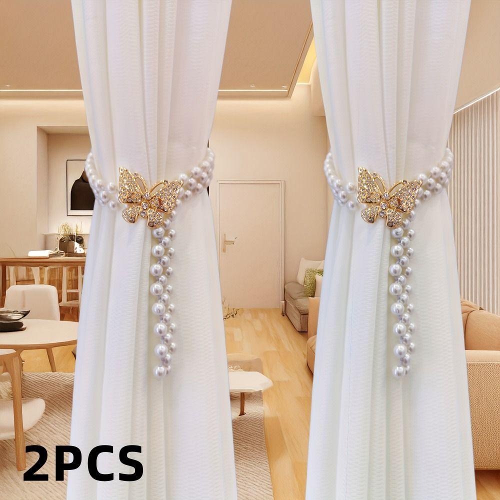 Butterfly Clips Pearls Curtain Holdbacks Elastic Window Curtain Tie Belts Home Decor