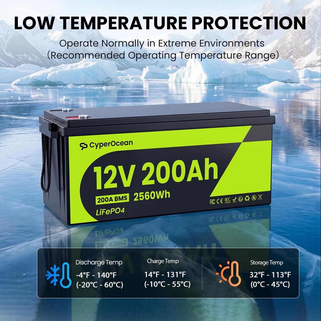 Cyperocean 12V 200Ah LiFePO4 Battery  2560Wh 200A BMS 6000+ Charge Cycles  Expandable Up To 40.96kWh – For RVs, Solar Panels, and Off-grid Use