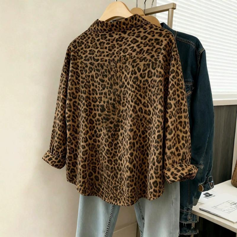 Women S Vintage Leopard Print Collared Loose Long Sleeve Shirt With Pocket