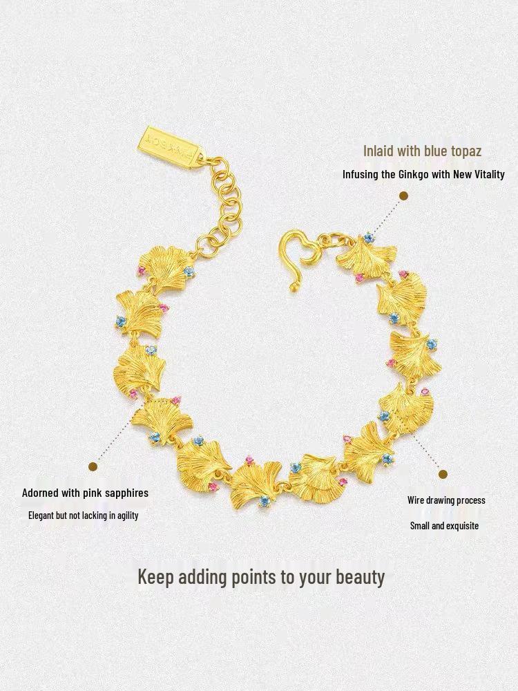 Ginkgo Leaf Diamond Bracelet In Vietnamese Sand Gold - Apricot Beaded Gift for Her Birthday