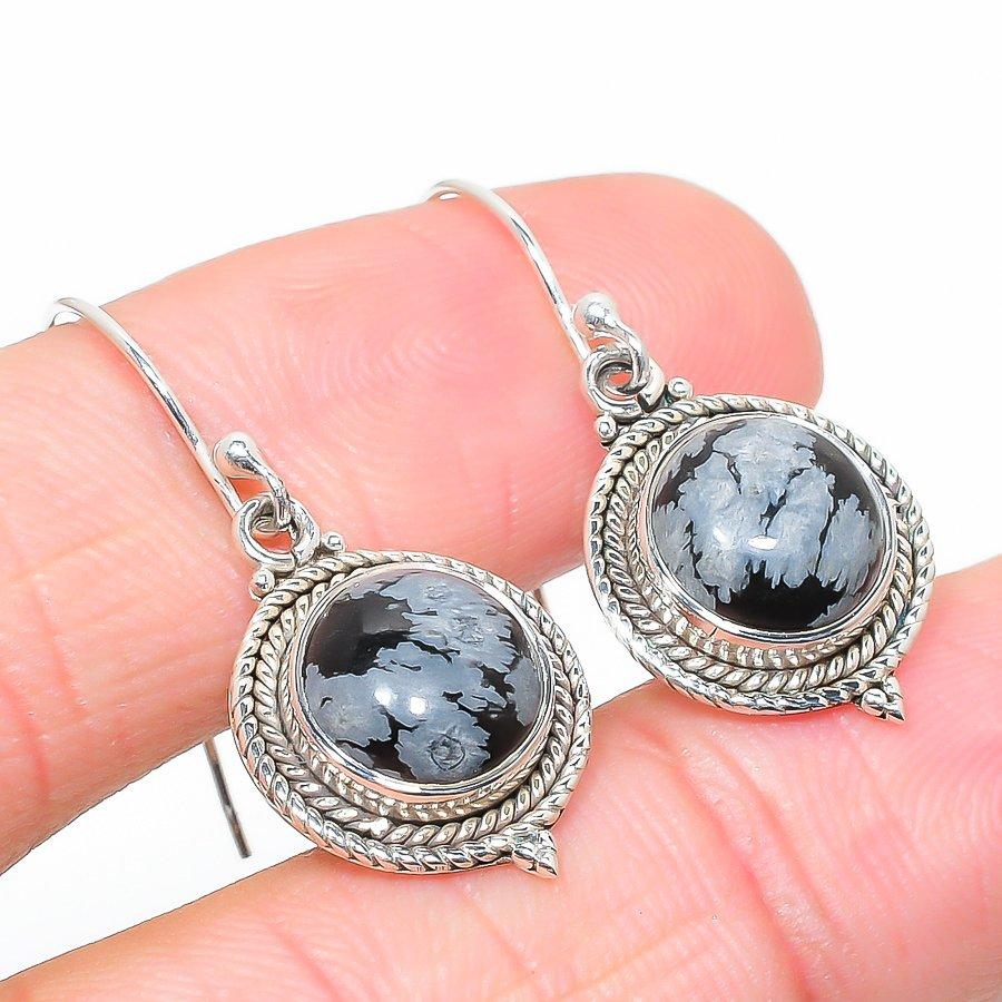 Natural Snowflake Obsidian Gemstone 925 Solid Sterling Silver Earring 1.25" V9b74
