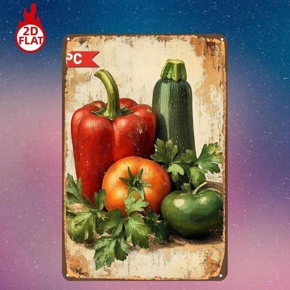 1pc Fresh Vegetables Metal Sign 8x12 Rustic Farmhouse Wall Decor Vintage Bell Pepper Tomato Cucumber Green Apple Tin Plaque