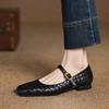 Fashion Women's new genuine leather printed cowhide square head metal elastic belt buckle low heel plus size Mary Jane single shoe