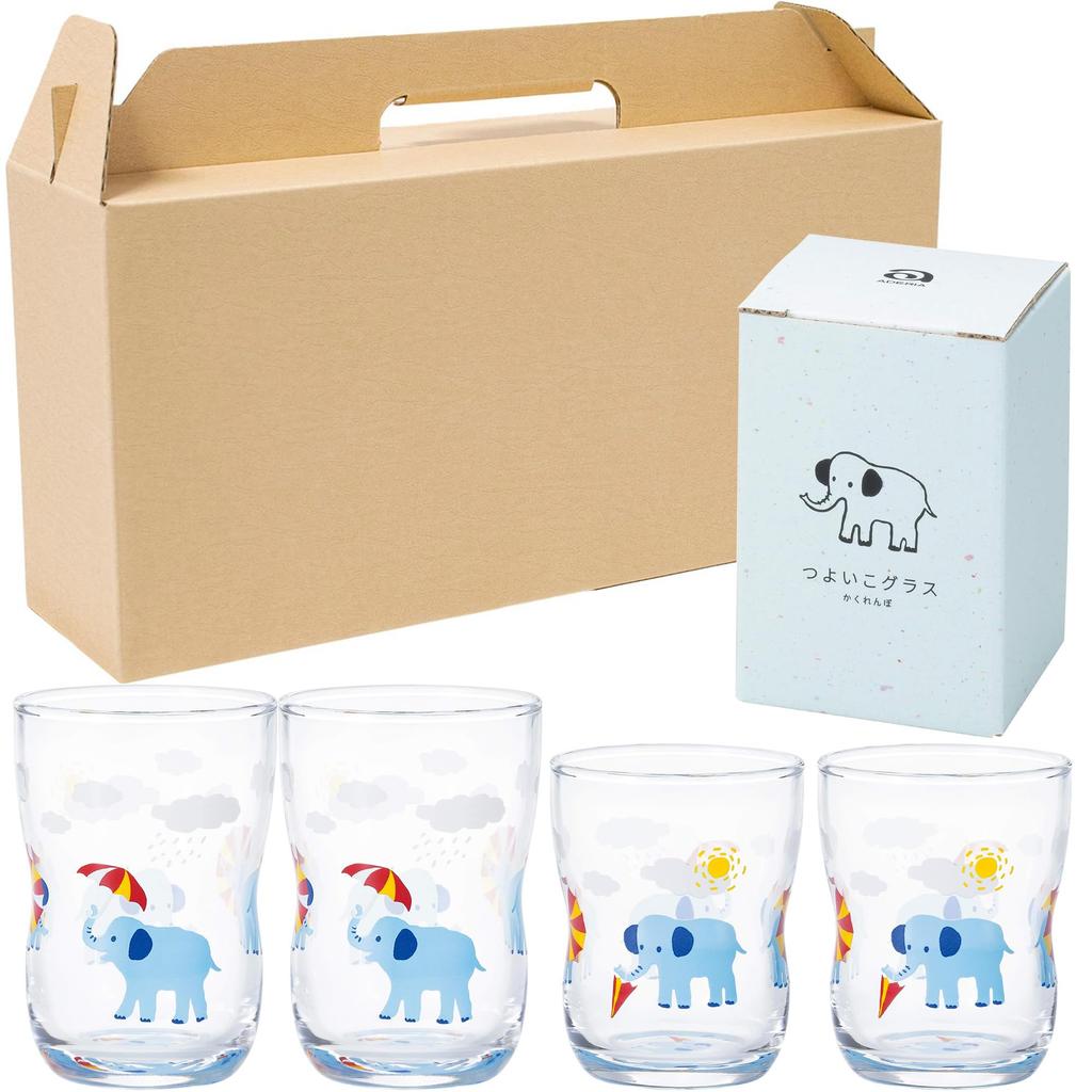 Tsuyoiko Glass Hide and Seek Elephant S x 2 M x 2 Set in Kraft Box Made in Japan Durable Tableware Reinforced Glass Birthday Gift Present Easy to Hold