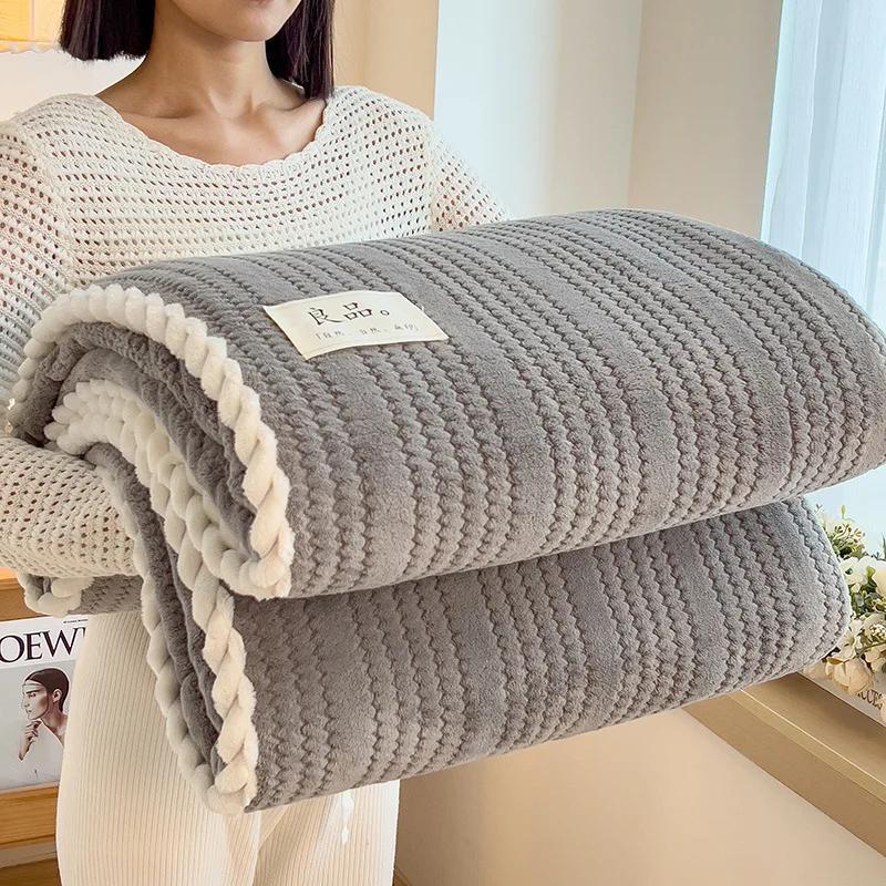 Solid Color Striped Blanket, Home Living Room Sofa Bedroom Decorative Blanket Multifunctional Travel Thicken Warm Throw Blankets