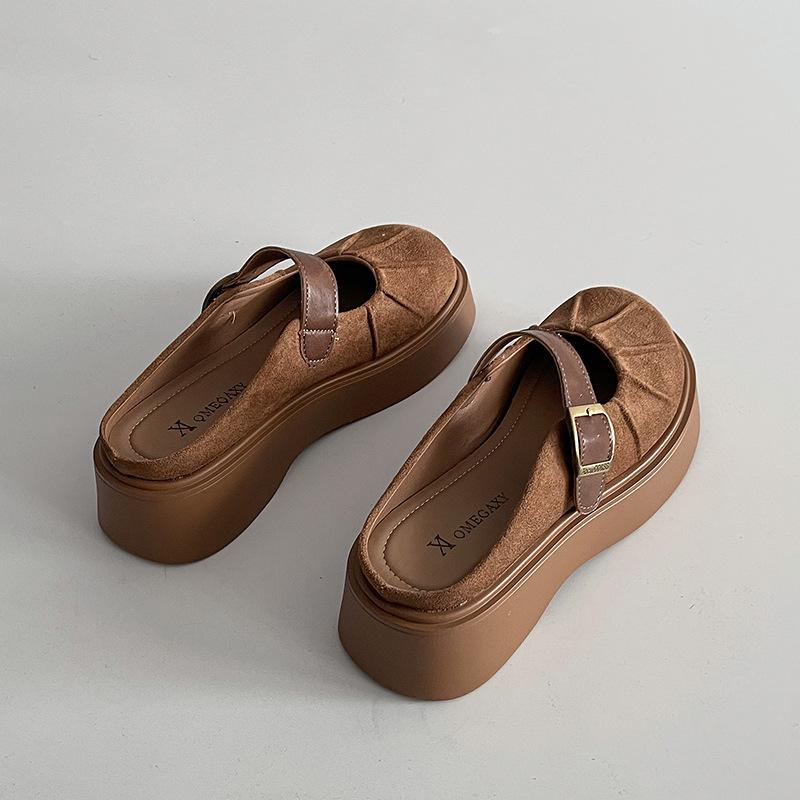 Belt Buckle Retro Thick-soled Bag Head Slippers Women's 2025 Spring and Summer New Outer Wear Heightening Half Slippers Lazy Shoes Trend