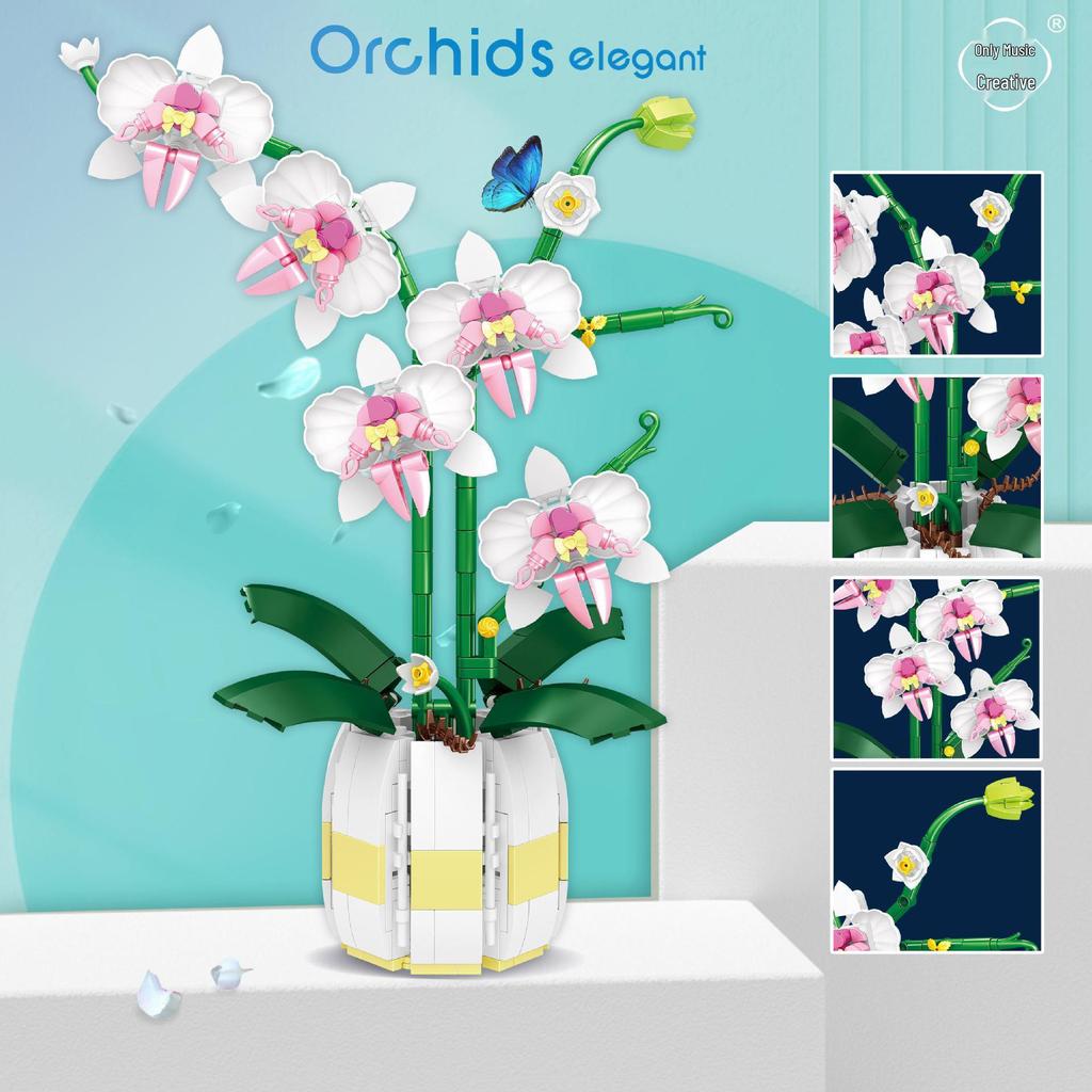 Wei Le 2138 Rich Golden Orchid: Everlasting Flower Building Blocks Compatible with LEGO - Potted Plant Desktop Ornament